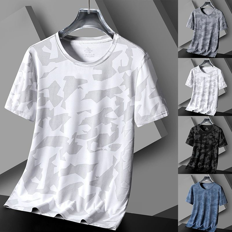 เสื้อยืดชาย ผ้าไหมน้ำแข็ง แขนสั้น แห้งเร็ว ระบายอากาศได้ดี สปอร์ต คอกลม