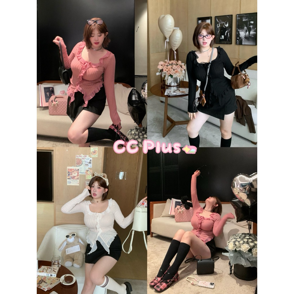 CiCi Plus+(J1750) เสื้อแขนยาวแต่งระบาย ดีเทลผูกโบว์ด้านหน้า ผ้ายืด ใส่สบายสไตล์สาวพลัสไซส์