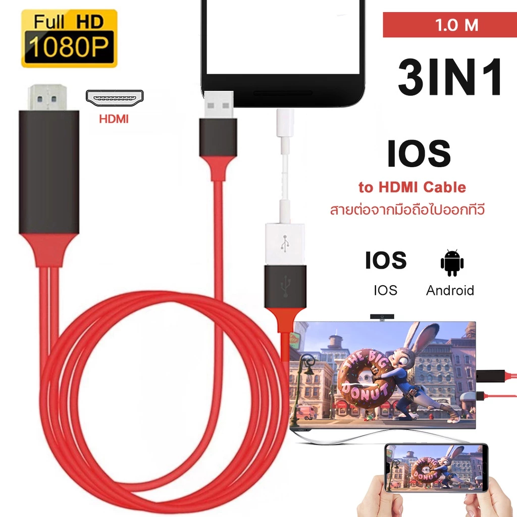 สาย HDMI 3in1HDMI Cable สายต่อจากมือถือเข้าทีวี Mobile Phone HDTV For ios/Android/Type-C Phone To HD