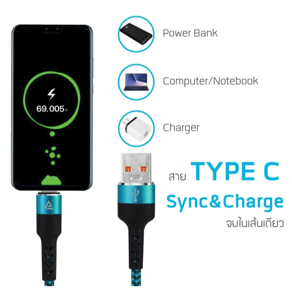 สายชาร์จ ไทป์ซี Asaki A-2307 ชาร์จด่วน ชาร์จไว 5A