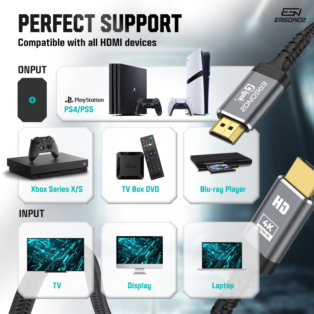ERGONOZ Clynk HDMI to HDMI Cable V2.0 ส่งข้อมูลภาพความละเอียดสูงสุด 4K60Hz สายถัก ความยาว 2M 3M 5M