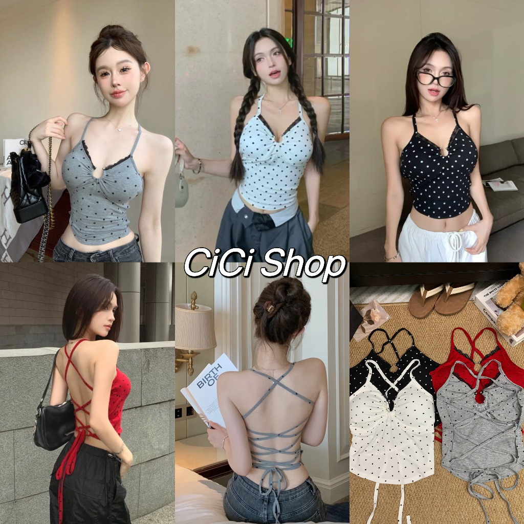 Cicishop(6211)เกาะอกคล้องคอไขว้หลังดีเทลแหวกอกมีลูกเล่นลูกไม้เล็กๆด้านหน้าลายจุดมีฟองน้ำในตัวสไตล์พสจีนแบบปึ้งๆ