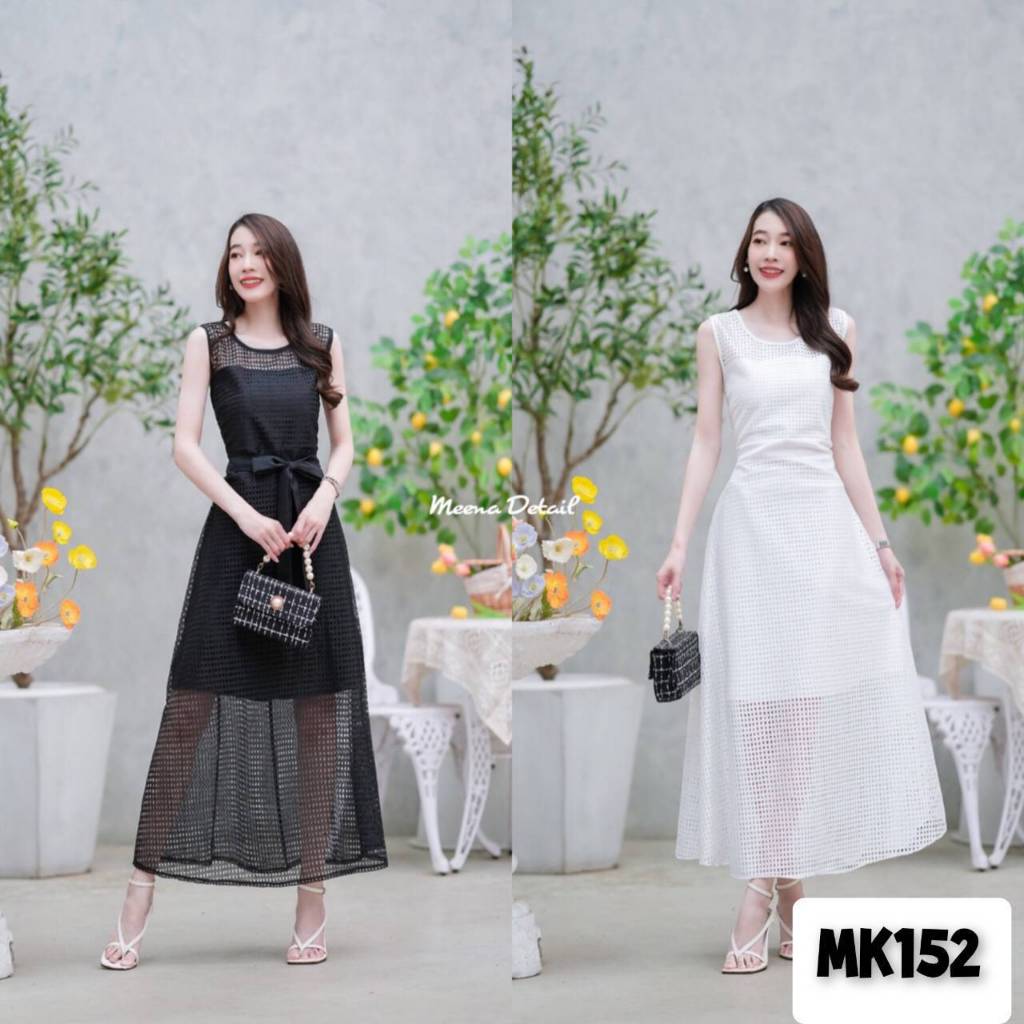 Maxi dress แขนกุดลายตาข่ายซีทรู  มีโบว์ผูกเอว มีซิปซ่อนด้านหลัง มีซัปในทั้งสุด