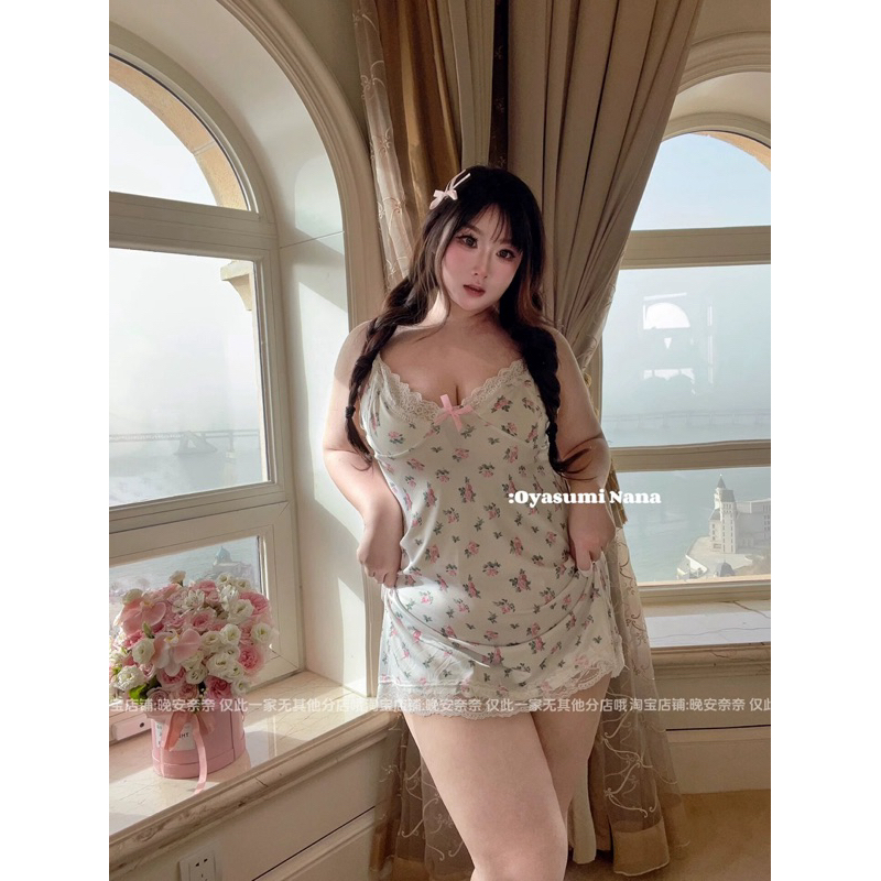 ชุดนอนน่ารักสาวอวบอ้วน ลายดอกไม้ ชุดนอนสายเดี่ยว - รูปที่ 2