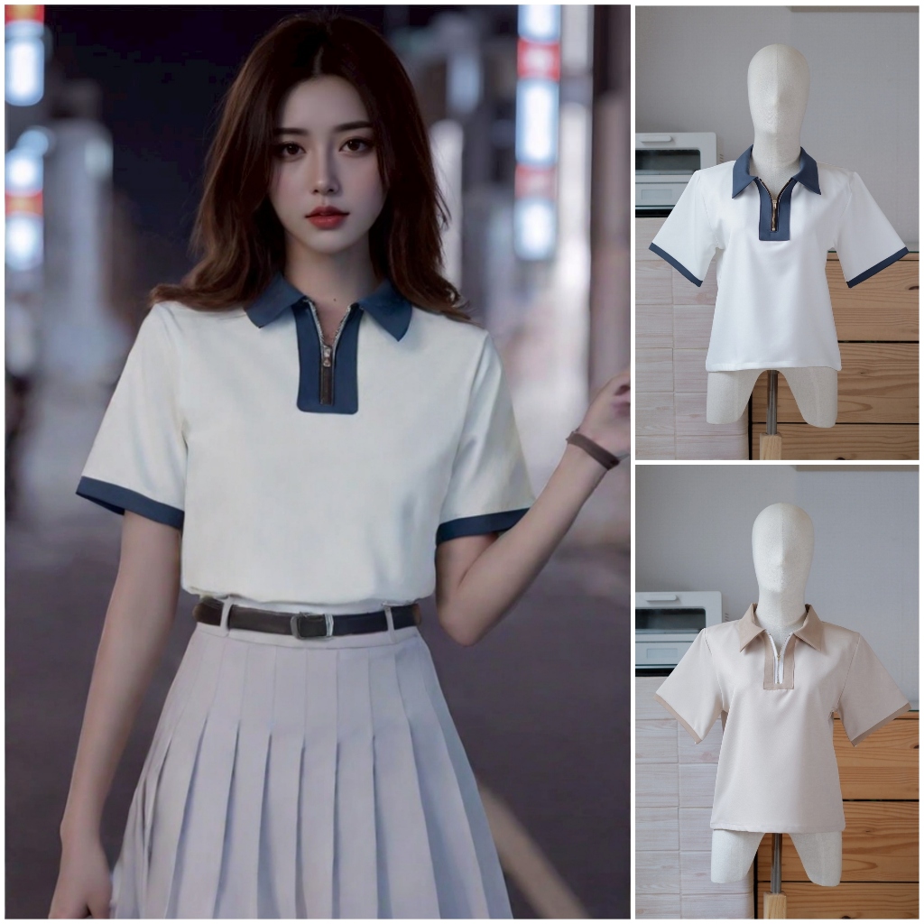 C23 เสื้อแขนสั้น คอปกทูโทน แต่งซิปตัวแพงด้านหน้า เสื้อยืด แฟชั่น มินิมอล ร้าน Easter Egg