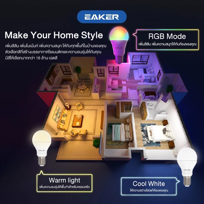 EAKER SL100 หลอดไฟอัจฉริยะ ระบบสั่งการผ่านไวไฟบนสมาร์ทโฟน 10W Smart Light Bulbs LED RGB Lamb มี มอก. thumbnail 9