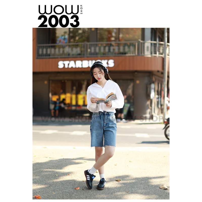 กางเกงขาสั้นสามส่วน เอวสูง ปลายขาตัด แต่งขาด #WW2003 - รูปที่ 3