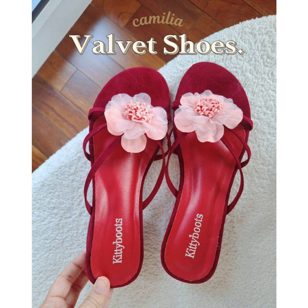 รองเท้า 🌷🌺Valvet 💓🌷🎀ส้นสูง 1.5 นิ้ว ดอกไม้พร้อมส่ง😊