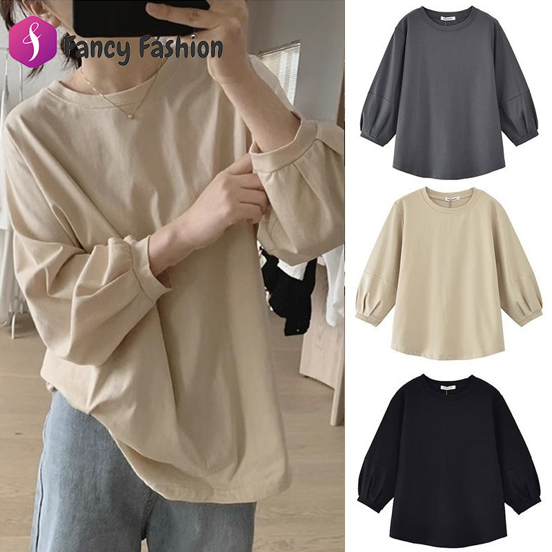 Fancy Fashion เสื้อยืดแขนยาวผู้หญิงสไตล์เกาหลี ลำลองทรงหลวม เสื้อยืดแขนบอลลูนแฟชั่นมาใหม่สวยๆ สีพื้น