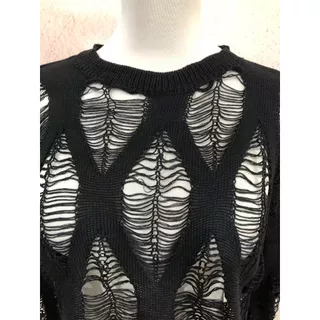 [W0272] เสื้อแขนยาวแต่งดีเทลขาดทั้งตัว เสื้อตาข่ายไหมพรม ทรงหลวมๆใส่คลุม คอกลม ใส่แล้วเท่ห์+เซ็กซี่