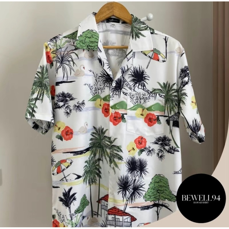 NEW!!! BEWELL94 เสื้อฮาวายลายต้นมะพร้าวทะเล พื้นขาว สุดเท่ เกรดพรีเมียม ใส่ได้ทุกเพศทุกวัย