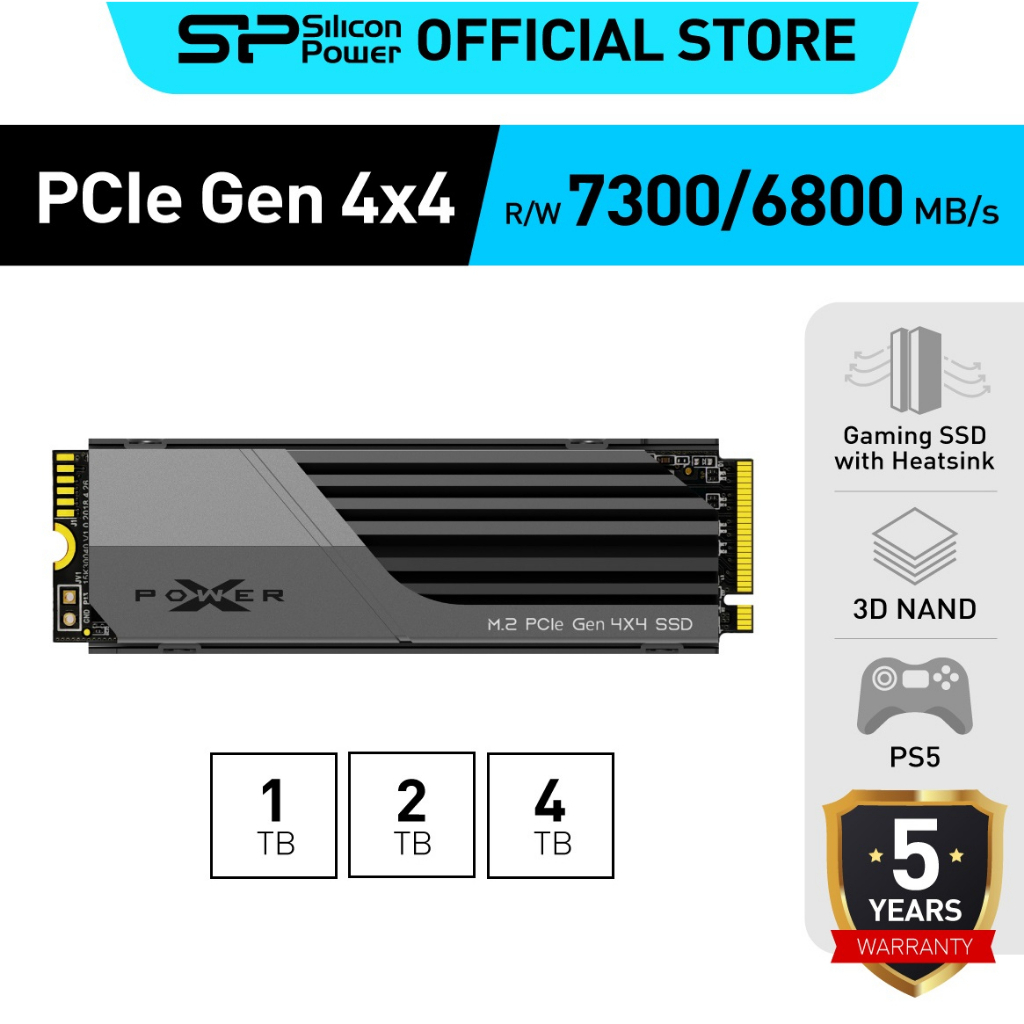 Silicon Power SSD เอสเอสดี M.2 NVMe 1/2/4TB - PCIe Gen 4x4 2280 รุ่น XS70, XS75 สำหรับ PC/ PS5 มีฮีท