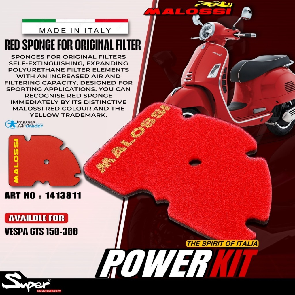 ชุดกรองอากาศ MALOSSI AIR FILTER SPONGE VESPA GTS 150 -300 3V ART NO: 1413811