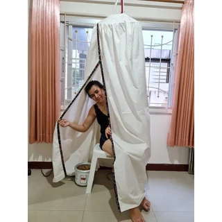 กระโจมผ้าดิบ ทรงกลม ผ้าหนา มีลายคาดด้านหน้า กระโจมอยู่ไฟหลังคลอด กระโจมอบไอน้ำ