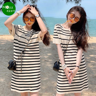MQzz4289 *พร้อมส่ง* ชุดเดรสแฟชั่นผู้หญิง มินิเดรส ลายทางผ้ายืด แขนสั้น สไตล์ลำลอง อกได้ถึง 42 นิ้ว ฟรีไซส์