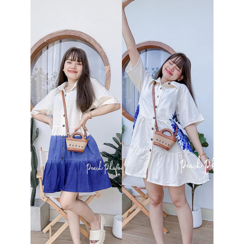 มินิเดรสเลเยอร์คอปกแขนสั้น ย้อมคราม (บราวนี่)
