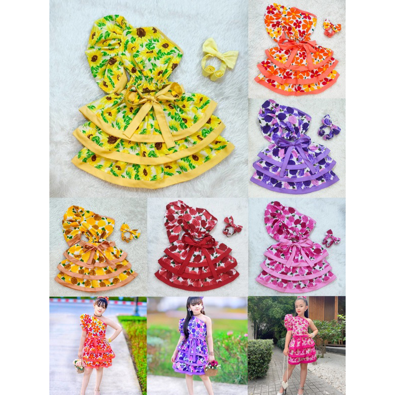 ชุดเซทเสื้อเปิดไหล่ลายดอกไม้ + กระโปรง 3 ชั้น แถมคาดผมเข้าเซท (ผ้าคอตตอน tc