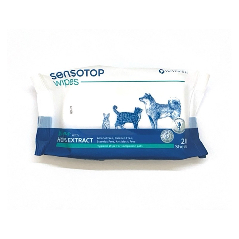 SENSOTOP Wipes ผ้าเปียก ช่วยลดการสะสมของแบคทีเรีย ขจัดกลิ่น ให้ความชุ่มชื้น อ่อนโยนต่อผิวและเส้นขน 20เเผ่น Exp14/01/27