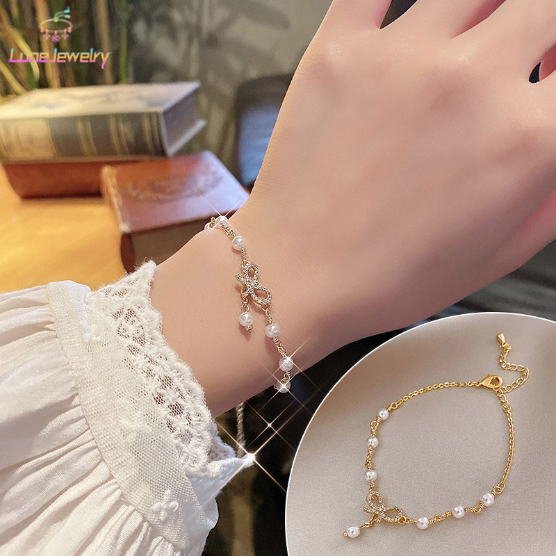 COD เครื่องประดับ สร้อยข้อมือ สายโซ่ ประดับโบว์ ไข่มุกคริสตัล แบบบาง คุณภาพสูง เครื่องประดับผู้หญิง แฟชั่น สไตล์เกาหลี