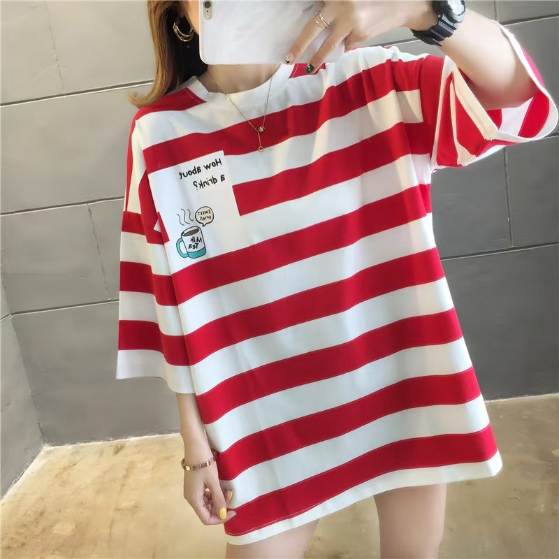 เสื้อยืดแฟชั่นผู้หญิง เสื้อแขนสั้น หลวมใส่สบาย ลายริ้ว-980#