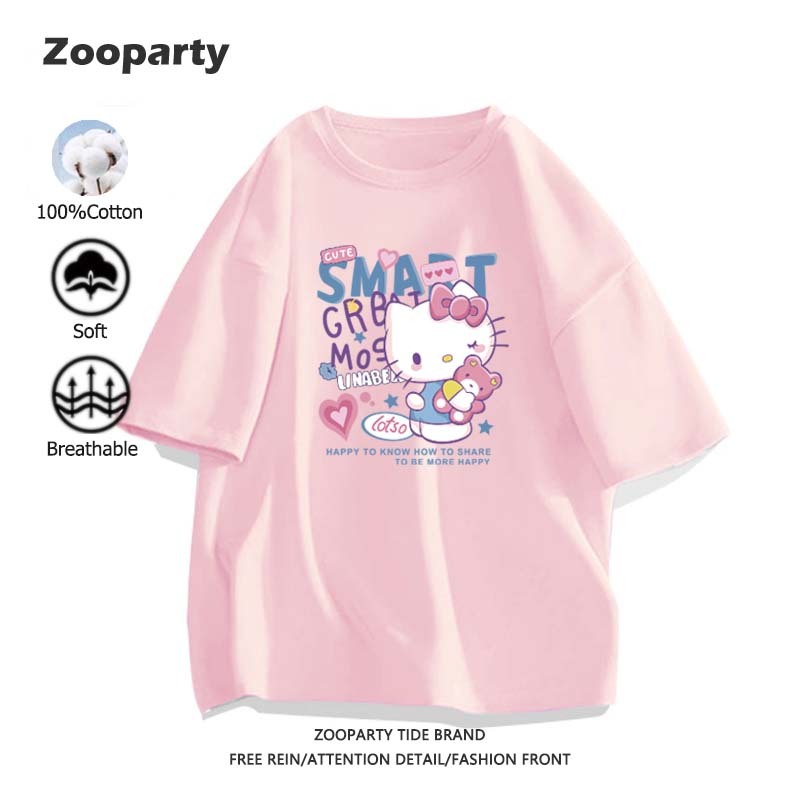 เสื้อยืด Sanrio Kitty ผ้าฝ้ายแท้ ลายพิมพ์การ์ตูนน่ารัก แฟชั่น เสื้อเชิ้ตผู้หญิง ระบายอากาศได้ สไตล์เกาหลี มี 9 สี