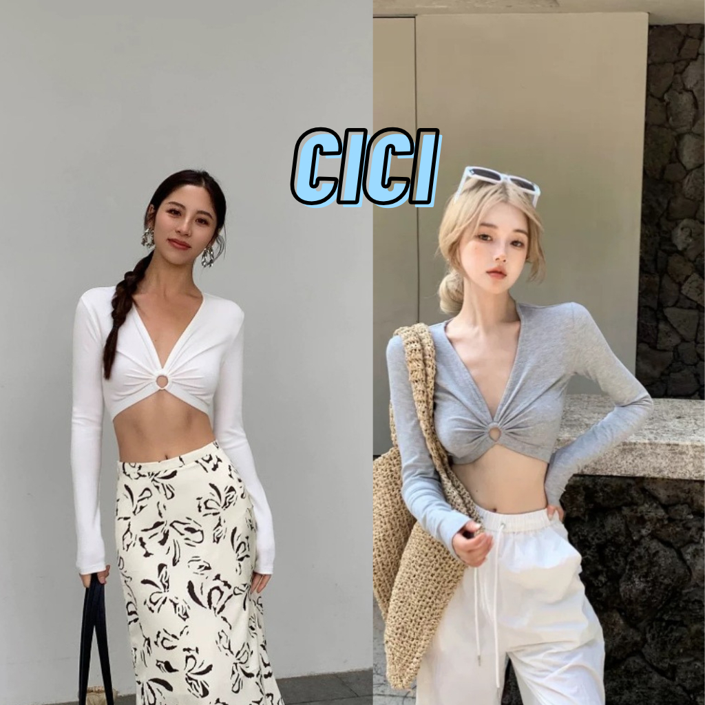ส่งทันที Cici NO. (J1698) เสื้อครอปแขนยาว โชว์เอว มีห่วงด้านหน้า คอวี เข้ารูป สไตล์สาวเกาหลี