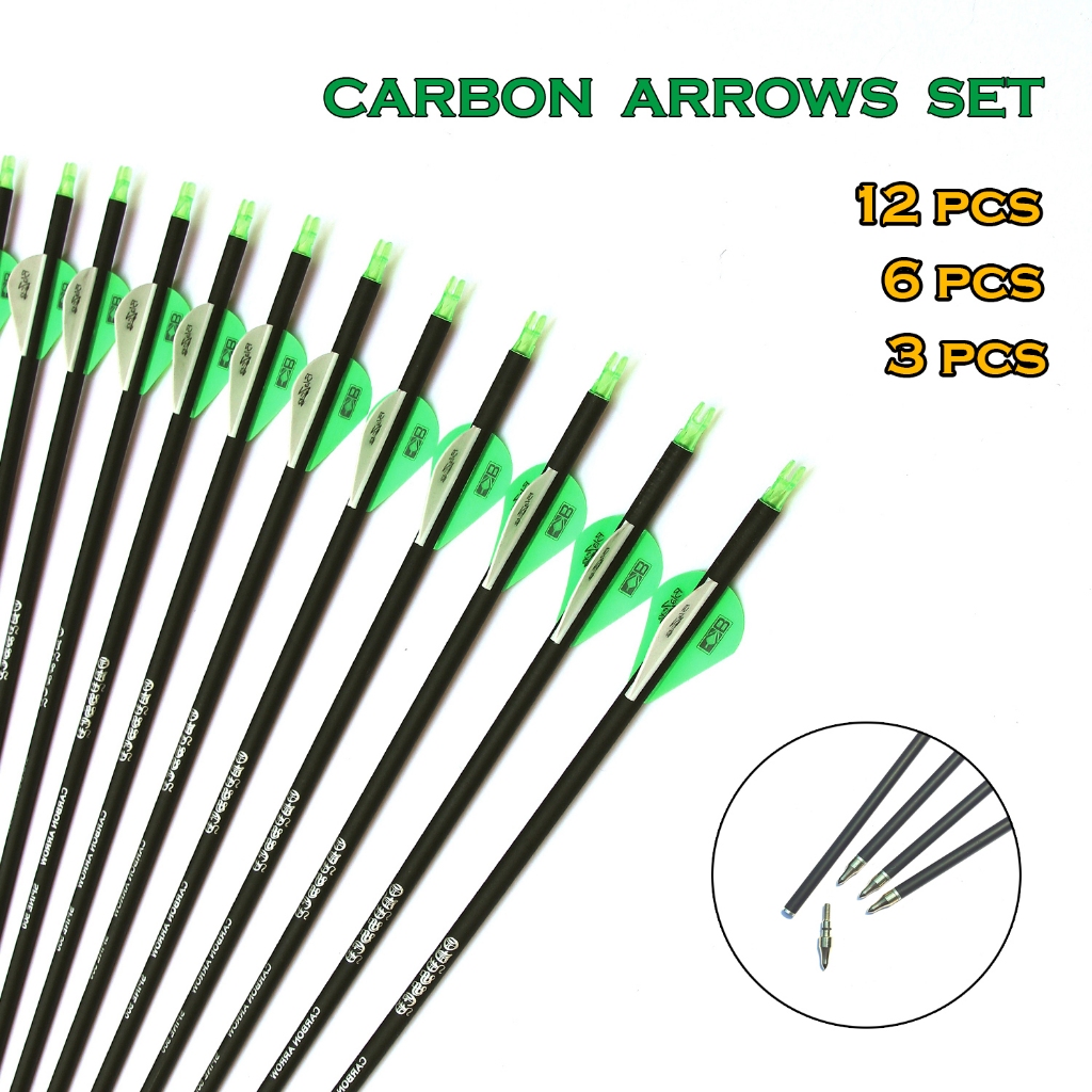 3 - 12 Pcs Mixed carbon Arrows set Spine 500 , 30 Inches Diameter 7.8 Removable Arrow heads with plastic Feather