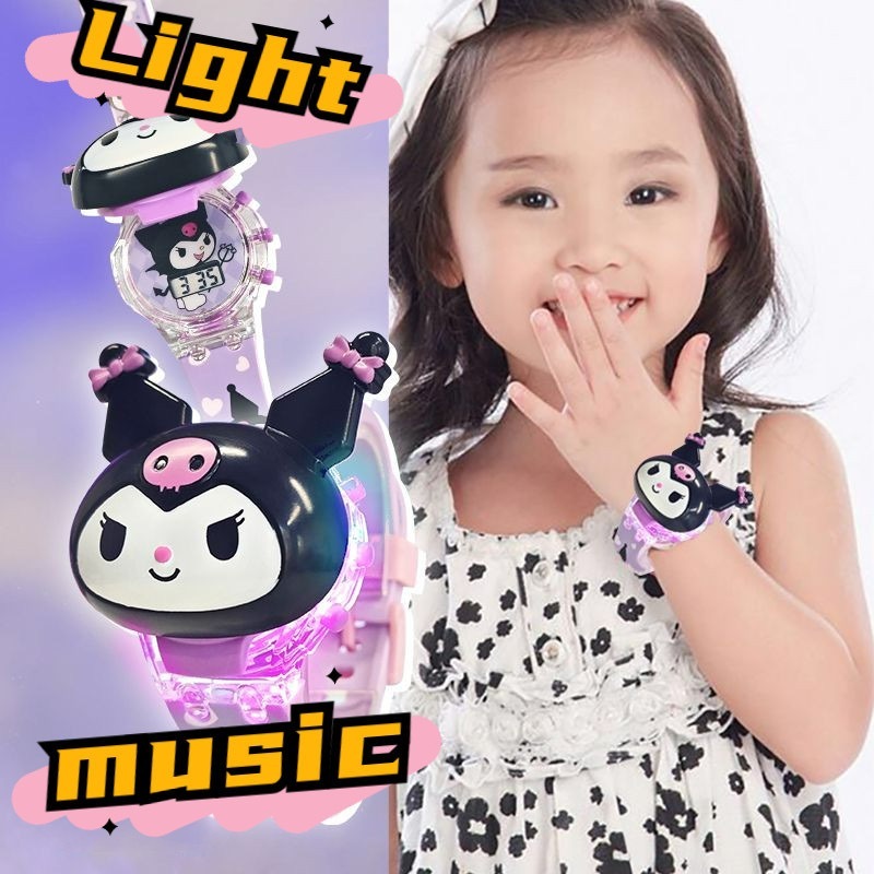 Sanrio Kuromi 3D นาฬิกาโปรเจคเตอร์ ไม่มีกล่อง นาฬิกาพลิกยอดนิยม Kawaii ของขวัญเด็กผู้หญิง