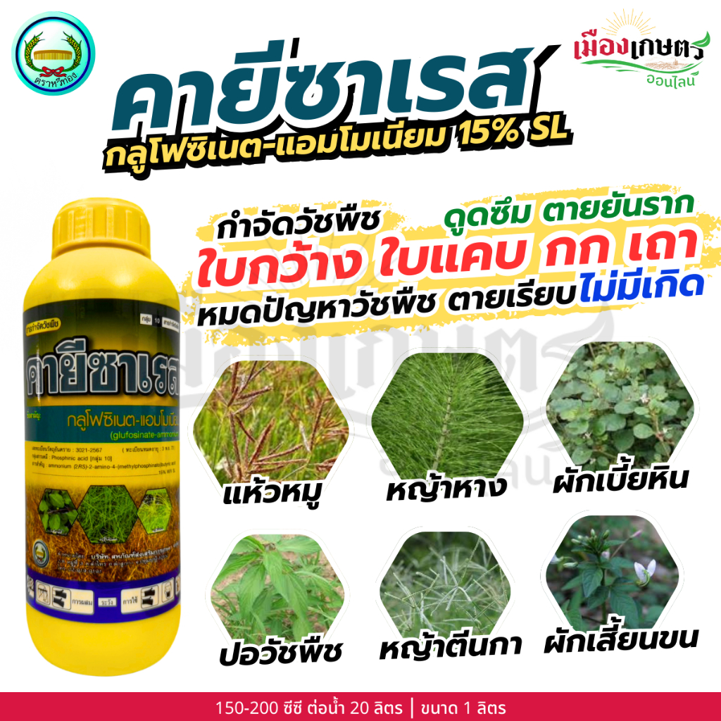 คายีซาเรส หวีทอง กลูโฟซิเนต แอมโมเนียม 15% SL 1 ลิตร สารกำจัดวัชพืช ยากำจัดหญ้า ใบแคบ ใบกว้าง แบบดูดซึม และ เผาไหม้ หญ้า