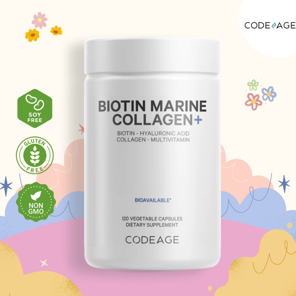 CODEAGE Wild Caught Biotin Marine Collagen Peptides-120 Capsules 🌊Biotin 10,000 mcg ผิวใส ผมสวย คอลล