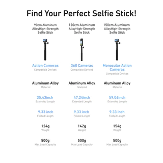 Telesin GoPro , Insta360 , DJI Osmo360 , 5Pro / 4 / 3 Aluminum high strength selfie stick 90 /120/150cm