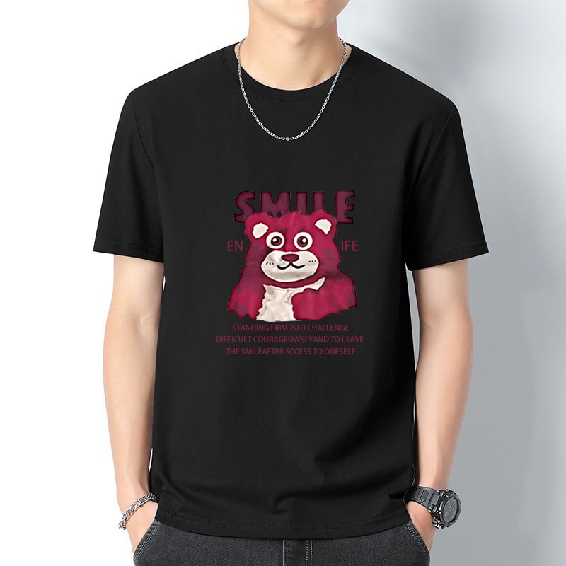 SMILEสตรอเบอร์รี่หมีเสื้อยืดสำหรับผู้ชายและผู้หญิง 100% Cotton Casual แขนสั้น M-2XL จัดส่งที่รวดเร็ว