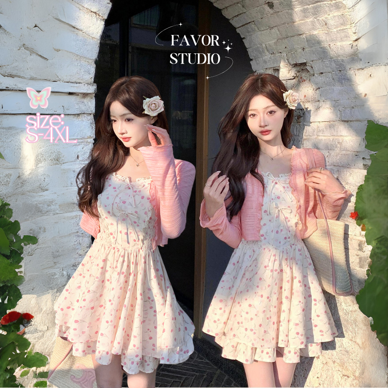 【S-4XL】🌷ชุดเซตสองชิ้น เสื้อคลุม + มินิเดรสสายเดี่ยว ลายดอกไม้ สีพาสเทลน่ารัก หวานสไตล์เกาหลี พลัสไซซ