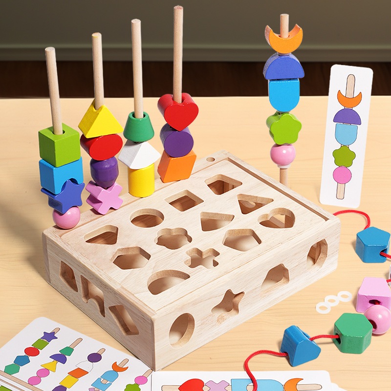 เด็ก Montessori เรขาคณิตชุดคอลัมน์อาคารบล็อกลูกปัดกล่องสีรูปร่างความรู้ความเข้าใจปริศนาตรัสรู้การศึกษาของเล่นไม้