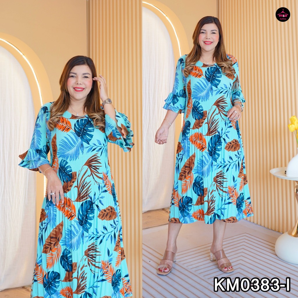 Miafashion (KM0383) เดรสอีดพลีทลายดอกไม้ แขนสองชั้น สวยๆ - รูปที่ 6