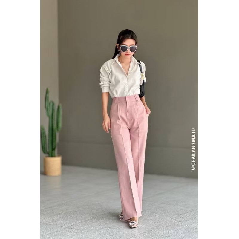 กางเกงผ้าลินินทรงขากระบอกกลางเอวสูงหูเข็มขัดคู่เก็บทรงเอวคอดสวยเป๊ะS-3XL - รูปที่ 6