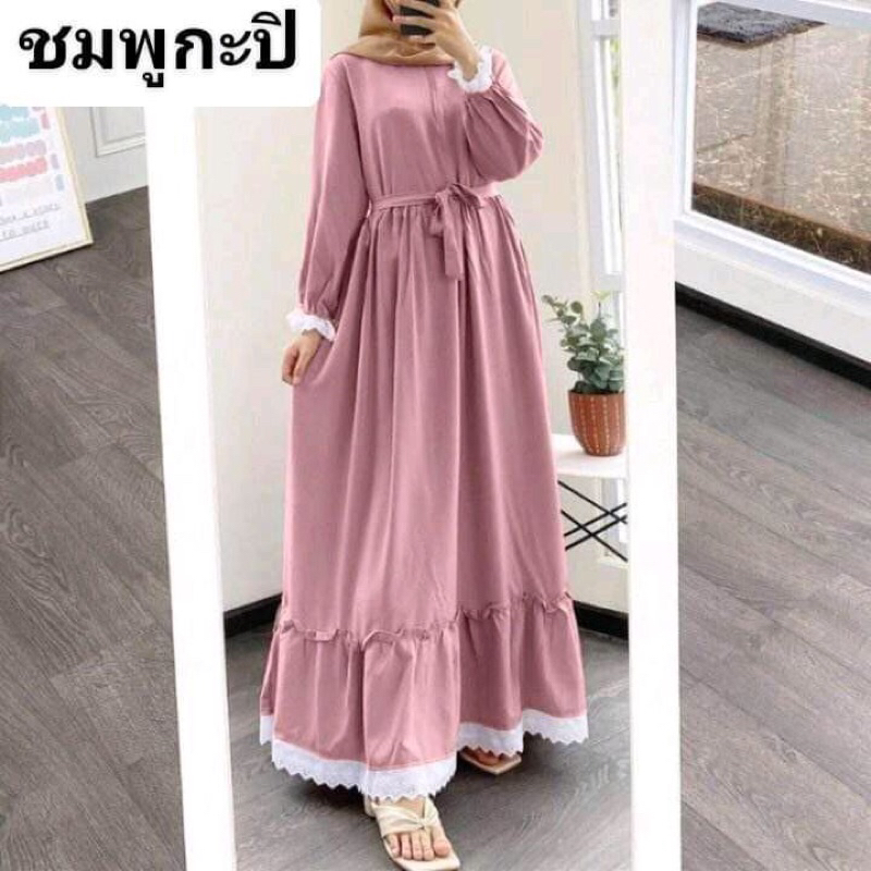 ชุดเดรสลูกไม้ "ผ้าไหมอิตาลี"มีสายผูกเอว(ไม่มีซิปหน้า)