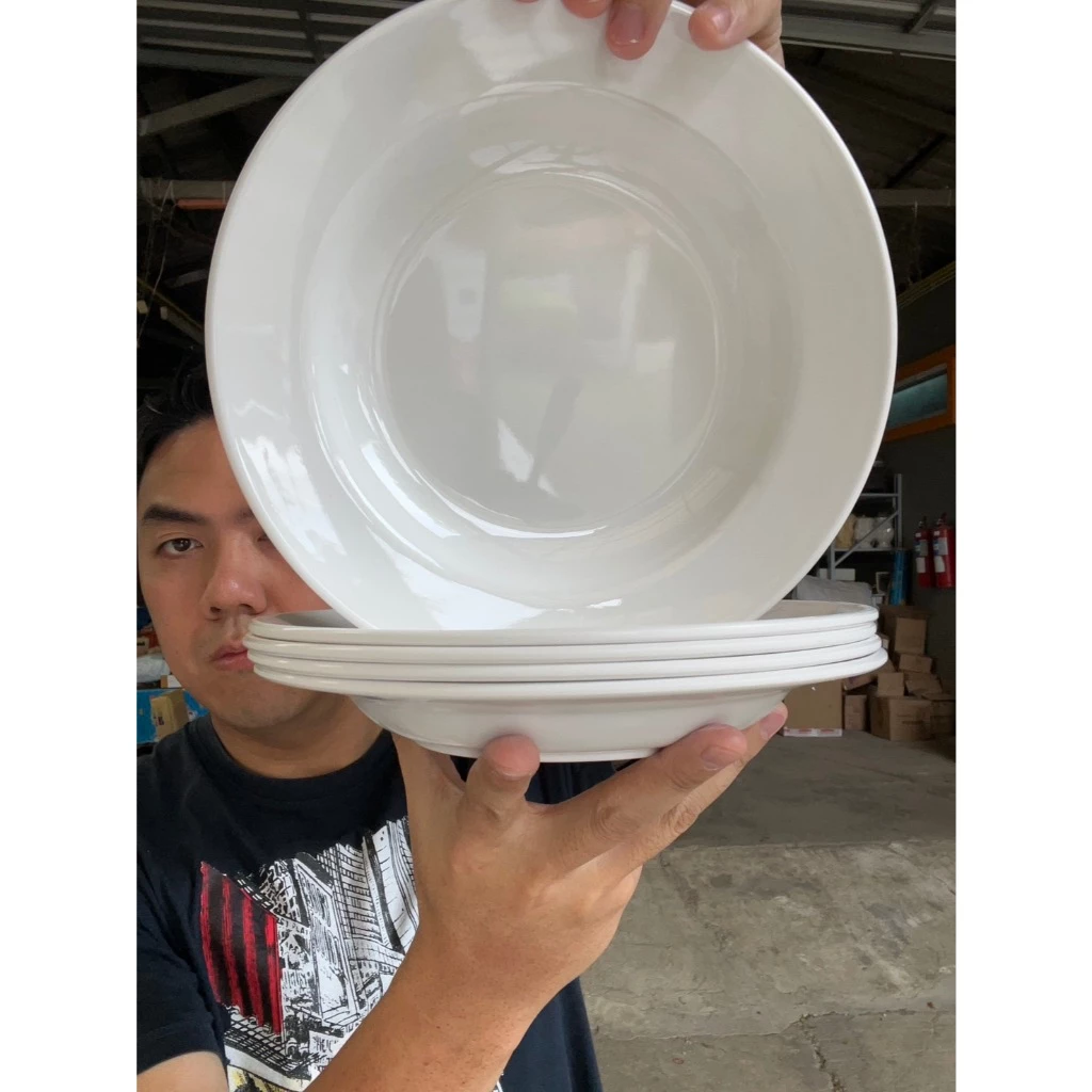 (5ใบ) จานเมลามีน ขนาด 9 นิ้ว จานทรงก้นลึก จานทรงราดหน้า สีขาวล้วน white melamine plate ออกใบกำกับได้ ทนความร้อน100องศา