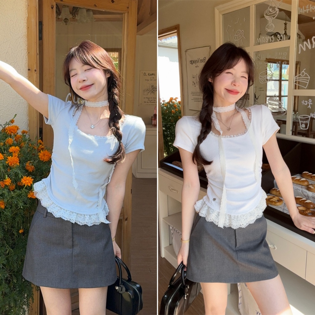 Beryl 🌻เสื้อยืดผู้หญิงแฟชั่น🌷 เสื้อยืดครอป สไตล์เกาหลี ดีไซน์ขอบลูกไม้ สีพื้น หวานและน่ารัก