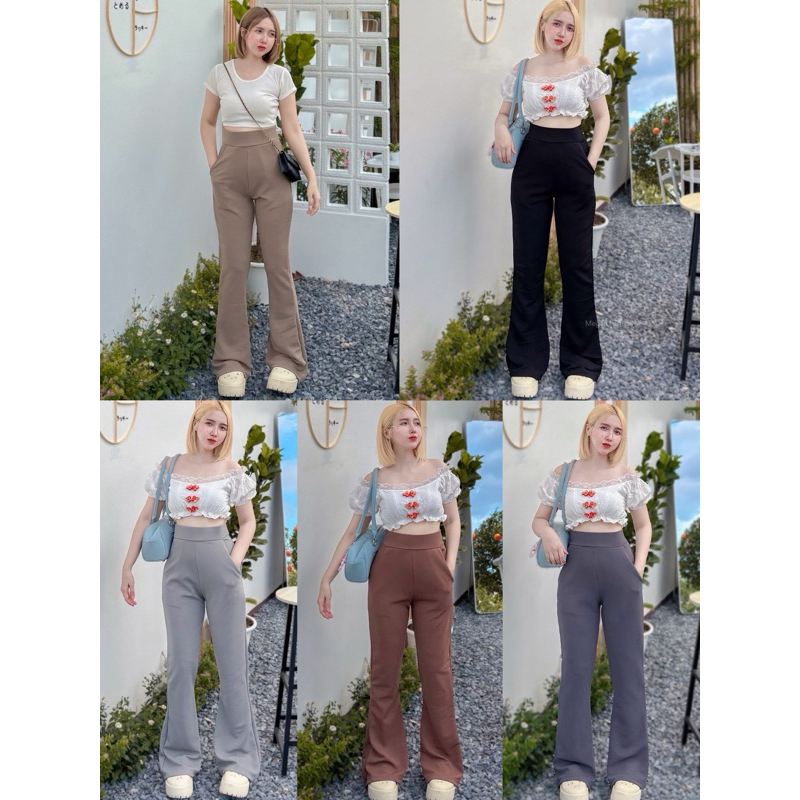 (รุ่นขาม้าเล็ก)กางเกงขาม้าขาเรียว เอวสูงมีกระเป๋า2ข้าง ผ้ายืดวูลเวฟ