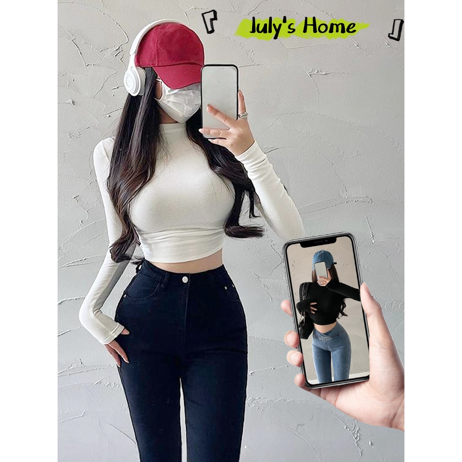 เสื้อยืดเเขนยาว ครอปผ้าคอตอน ผ้าเรย่อนรัดรูป รัดรูป หลายสีให้เลือก#J2307