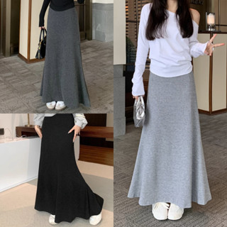 กระโปรงทรงหางปลาเอวสูงสีเทา กระโปรงทรงสะโพกถักแบบสบายๆ อเนกป…