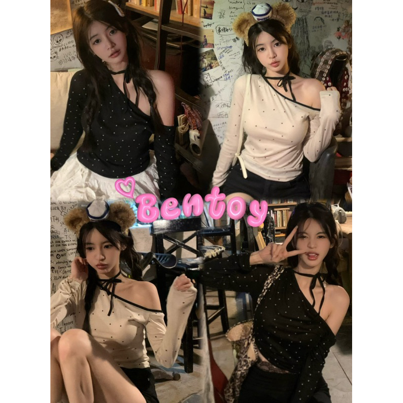 Bentoy(S1060)เสื้อยืดแขนยาวปาดไหล่ข้างเดียว ลายจุด สายผูกคอ น่ารัก