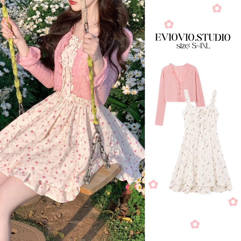 【EVIOVIO】🌷S-4XL ชุดเซตสองชิ้น เสื้อคลุม + มินิเดรสสายเดี่ยว ลายดอกไม้ สีพาสเทลน่ารัก หวานสไตล์เกาหลี