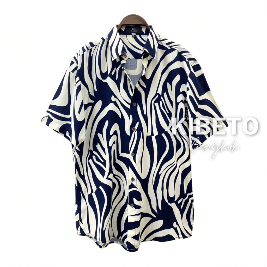 Kibeto เสื้อฮาวาย ลายเส้นวน สีกรมเข้ม ผ้าสปันเรยอน เนื้อนิ่ม ใส่สบาย M L XL 2XL 3XL