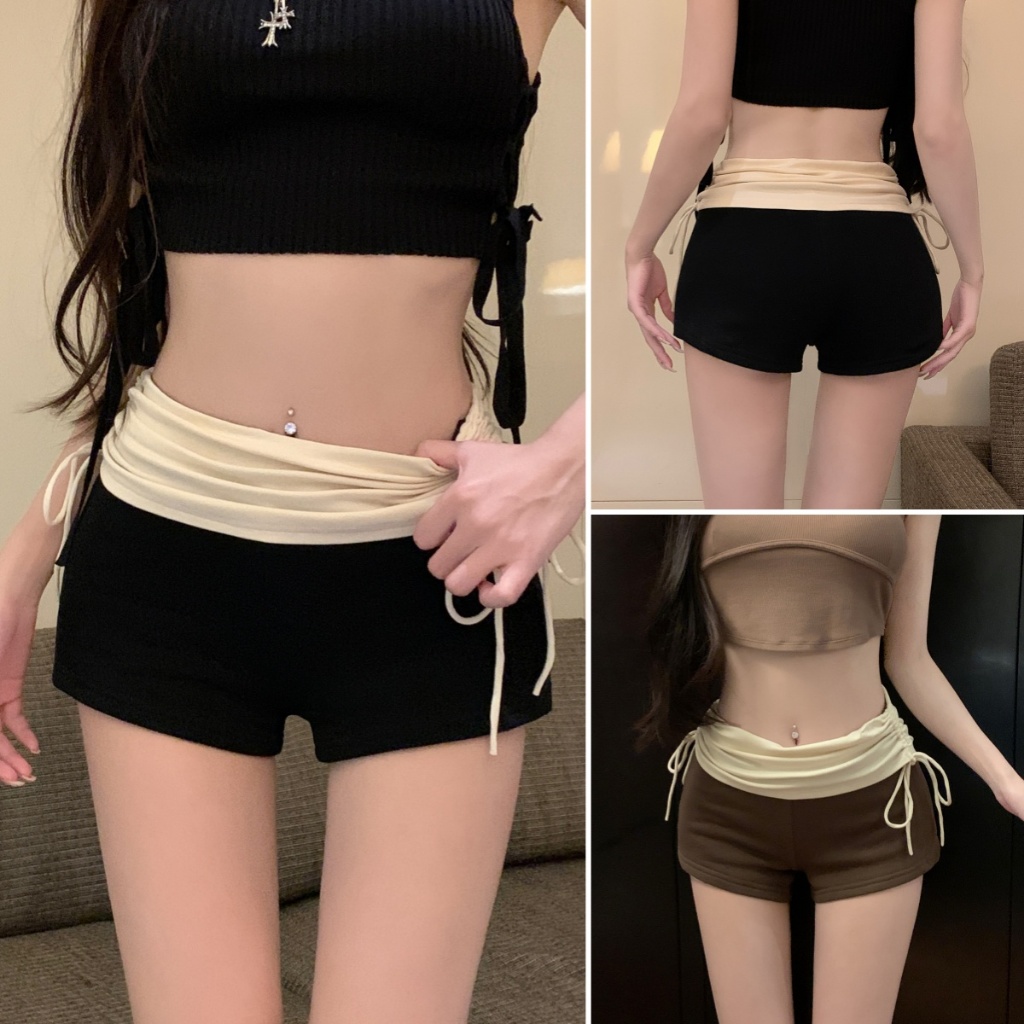 Beryl  กางเกงแฟชั่นผู้หญิง กางเกงขาสั้นใส่สบาย สไตล์เกาหลีเรียบง่าย ดีไซน์การประกบ เอวสูง เซ็กซี่