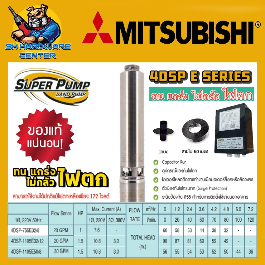 ปั้มน้ำบาดาล ซับเมอร์ส  บ่อ 4นิ้ว กำลัง 1 - 1.5แรงม้า SUPER PUMP By MITSUBISHI รุ่น 4DSP E SERIES