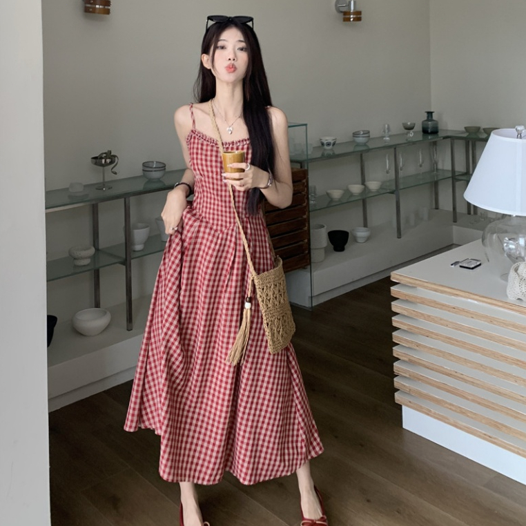 cherryshop พร้อมส่ง ชุดเดรสสายเดี่ยวลายสก็อตสีแดงแฟชั่นฤดูร้อนสำหรับผู้หญิง สไตล์เอไลน์ สไตล์ย้อนยุคฝรั่งเศส การลดอายุ - รูปที่ 7