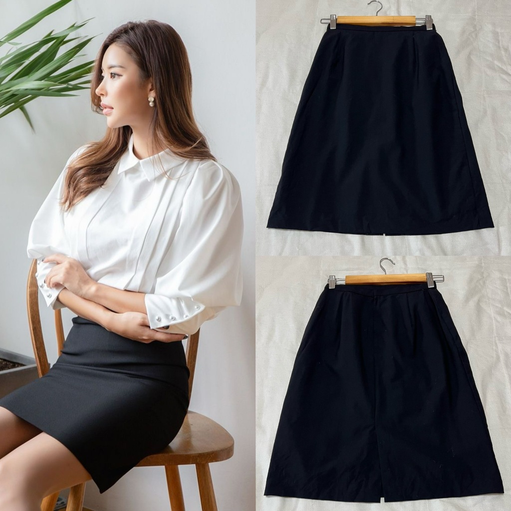 (E757) Ozoc ไซส์ 38 กระโปรงสีดำทรงสุภาพ ผ้า wool ซิปหลังมีซับ เอว  25 สพ 38 ยาว 22 แหวกหลัง 6.5 ❤️69