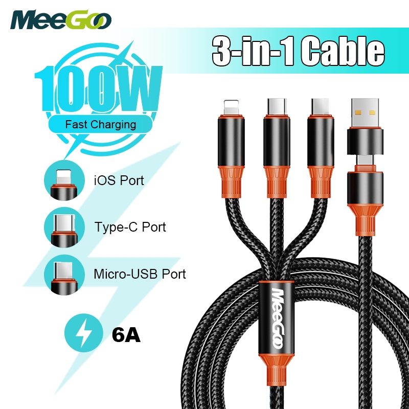 MeeGoo สายชาร์จเร็ว 3in1 6A 100W สายชาร์จ Type-C Micro USB สายเคเบิลข้อมูล – โปรปัง